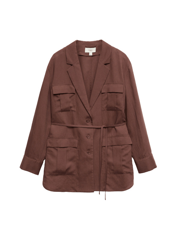 Marks & Spencer Hosszú funkcionális blazer övvel és lenvászonnal Marks & Spencer barna
