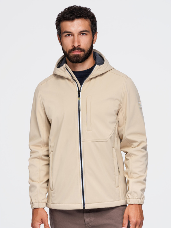 Ombre Clothing Férfi SOFTSHELL dzseki fleece béléssel és kapucnival – homokszínű V4 OM-JANP-0292 Ombre Clothing