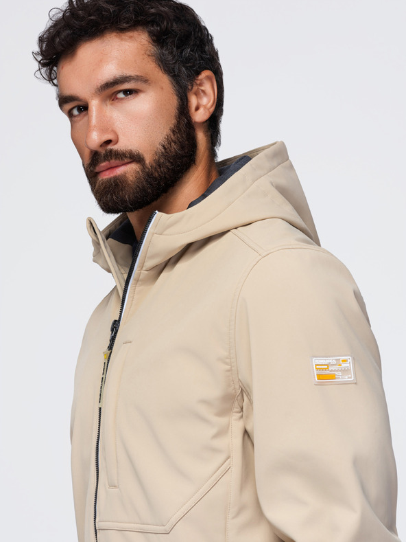 Ombre Clothing Férfi SOFTSHELL dzseki fleece béléssel és kapucnival – homokszínű V4 OM-JANP-0292 Ombre Clothing