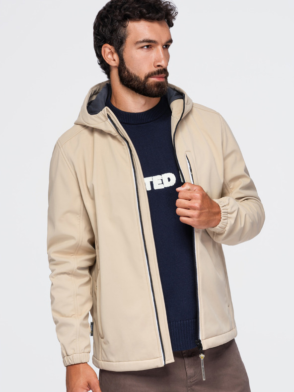 Ombre Clothing Férfi SOFTSHELL dzseki fleece béléssel és kapucnival – homokszínű V4 OM-JANP-0292 Ombre Clothing