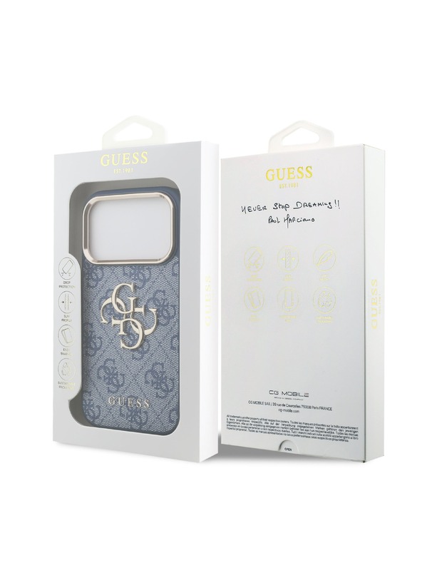 Guess Guess PU Leather 4G Metal Logo Gold Frame Hátlap iPhone 18 Pro-hoz Blue