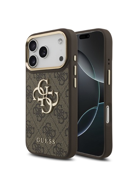 Guess Guess PU Leather 4G Metal Logo Gold Frame Hátlap iPhone 18 Pro-hoz Brown