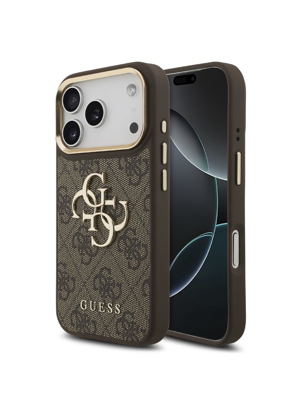 Guess Guess PU Leather 4G Metal Logo Gold Frame Hátlap iPhone 18 Pro-hoz Brown