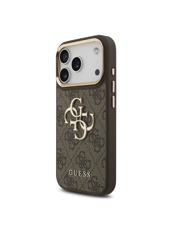 Guess Guess PU Leather 4G Metal Logo Gold Frame Hátlap iPhone 18 Pro-hoz Brown