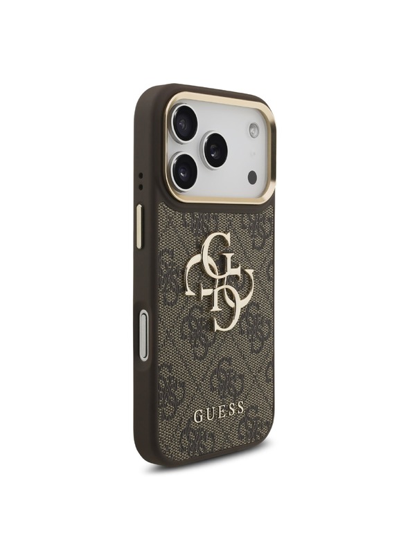 Guess Guess PU Leather 4G Metal Logo Gold Frame Hátlap iPhone 18 Pro-hoz Brown