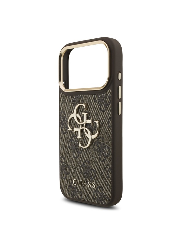 Guess Guess PU Leather 4G Metal Logo Gold Frame Hátlap iPhone 18 Pro-hoz Brown
