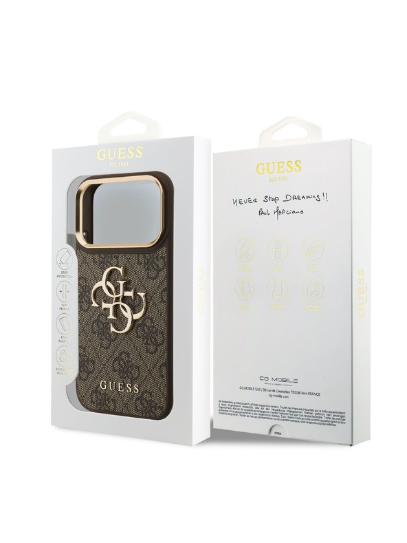 Guess Guess PU Leather 4G Metal Logo Gold Frame Hátlap iPhone 18 Pro-hoz Brown