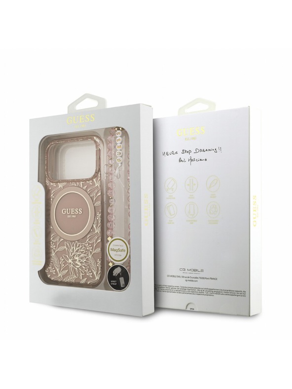 Guess Guess IML Flowers Allover Strap MagSafe Hátlap iPhone 18 Pro-hoz Pink