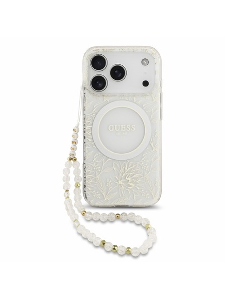 Guess Guess IML Flowers Allover Strap MagSafe Hátlap iPhone 18 Pro-hoz White