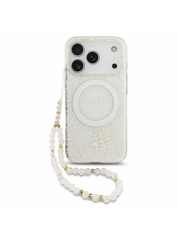 Guess Guess IML Flowers Allover Strap MagSafe Hátlap iPhone 18 Pro-hoz White