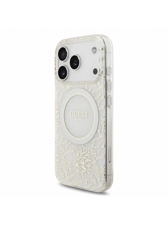 Guess Guess IML Flowers Allover Strap MagSafe Hátlap iPhone 18 Pro-hoz White