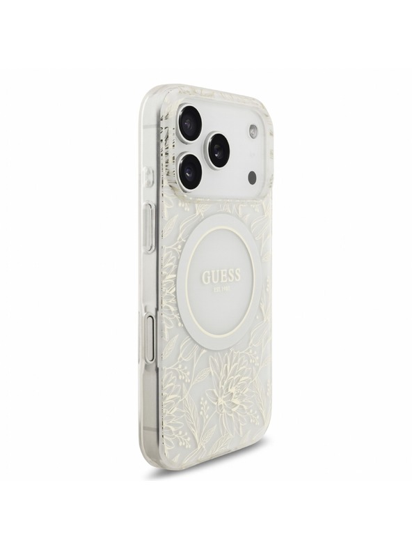 Guess Guess IML Flowers Allover Strap MagSafe Hátlap iPhone 18 Pro-hoz White