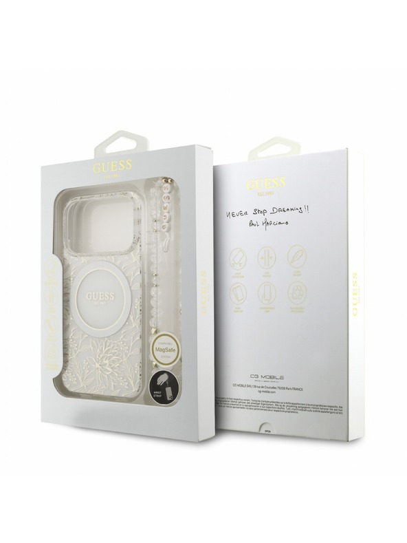 Guess Guess IML Flowers Allover Strap MagSafe Hátlap iPhone 18 Pro-hoz White