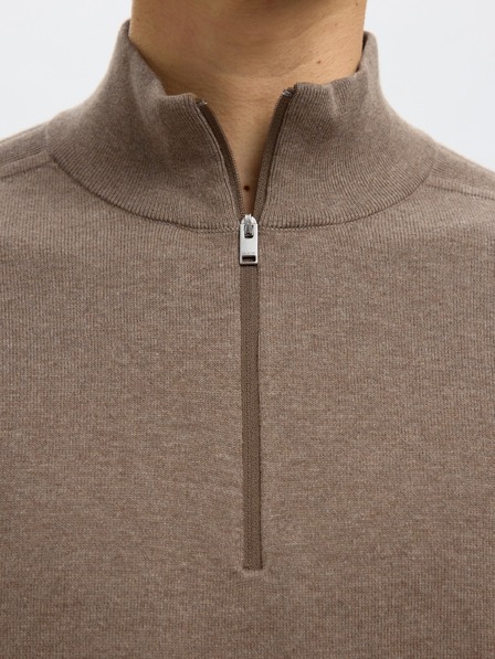 SELECTED Férfi zippes nyakú pulóver teak