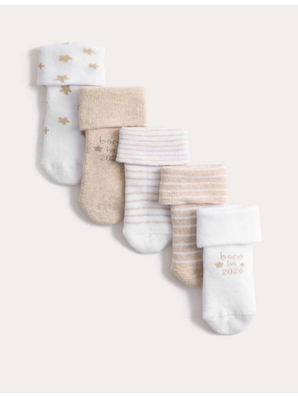 Marks & Spencer Frotte "Born in 2026" feliratú magas pamuttartalmú zokni (0–12 hónap), 5 pár Marks & Spencer fehér