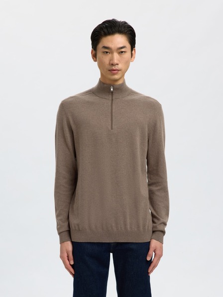 SELECTED Férfi zippes nyakú pulóver teak